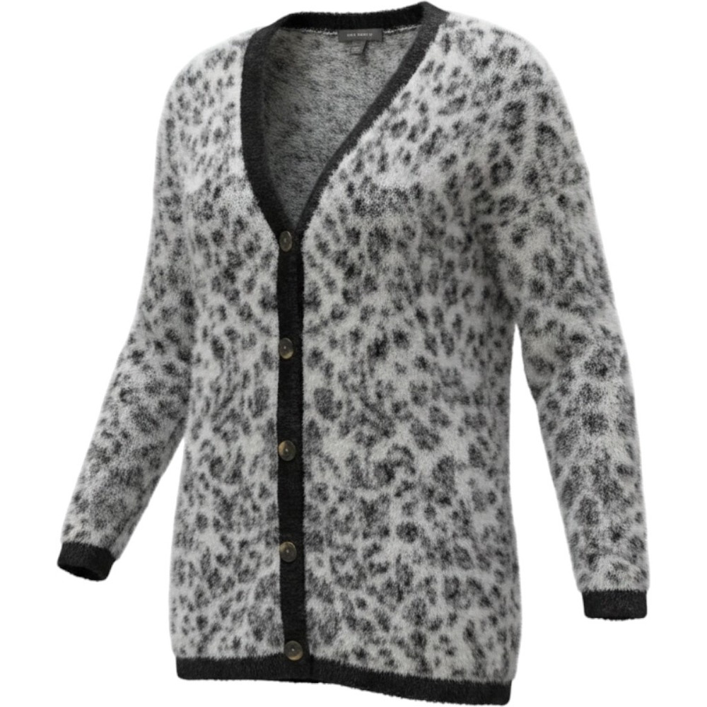 Ann Taylor Cardigan Women Medium Gray Excellent Fuzzy Animal Print V-Neck